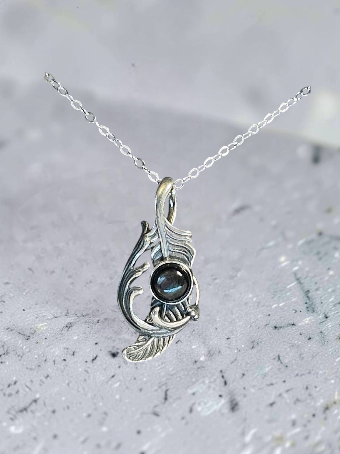 Feather Pendant with Hypersthene Gemstone • 925 Sterling Silver • Gift Box
