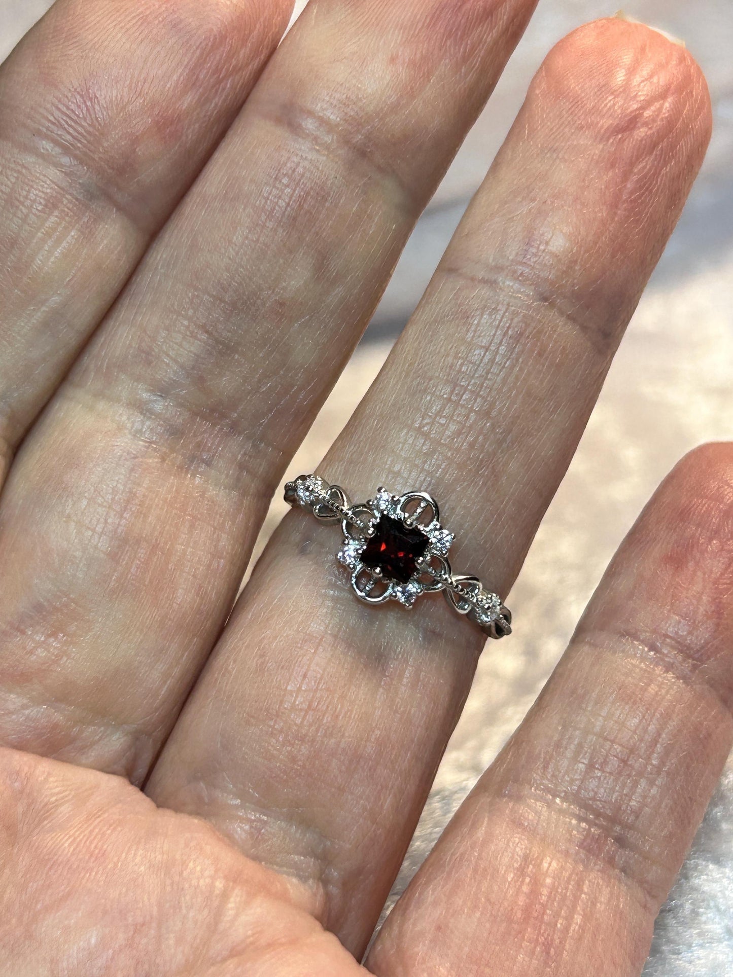 Ornate Garnet Ring with CZ Accents • 925 Sterling Silver • Adjustable • Gift Box