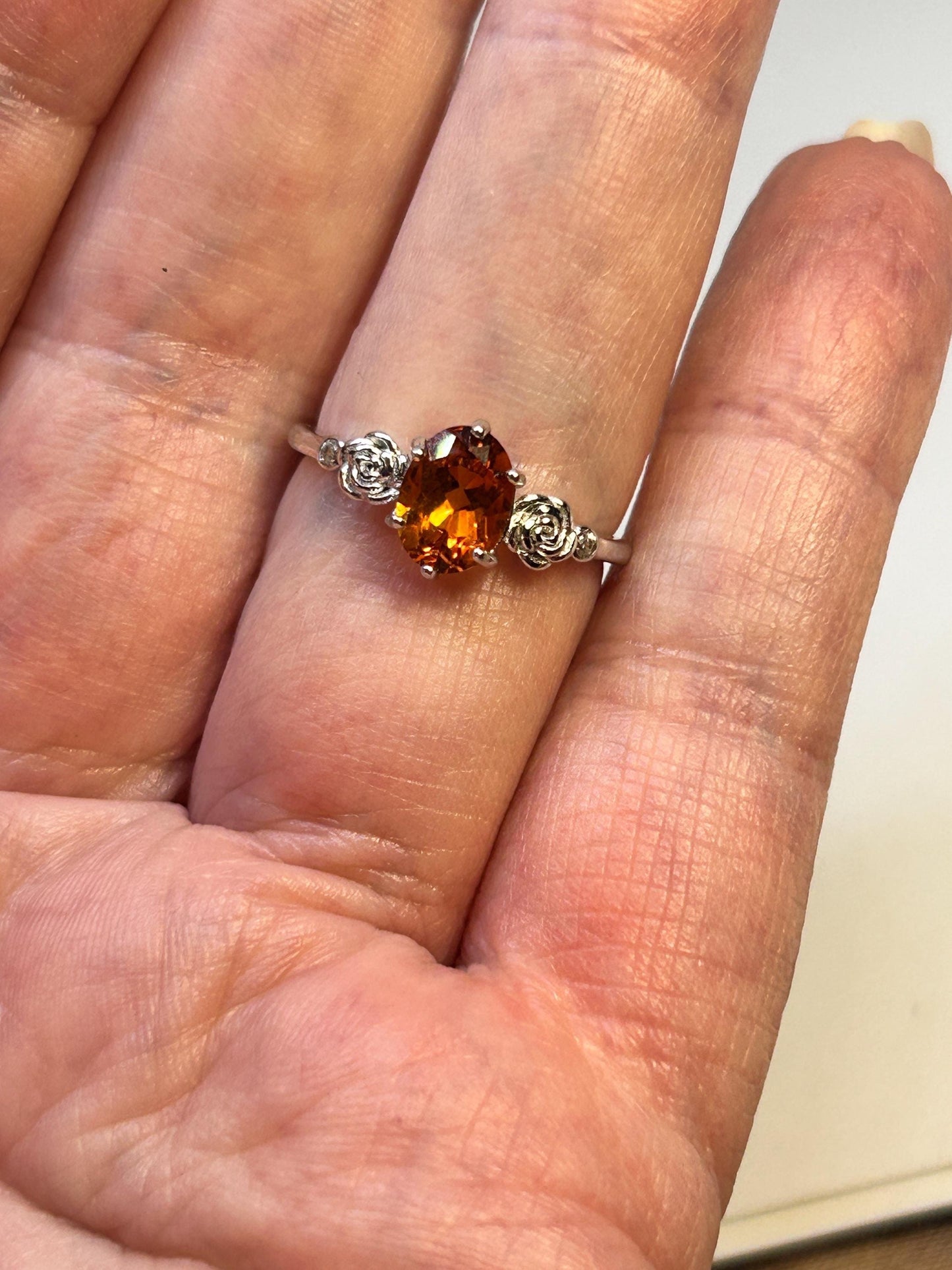 Floral Ring with Orange Citrine Gemstone • 925 Sterling Silver • Adjustable • Gift Box