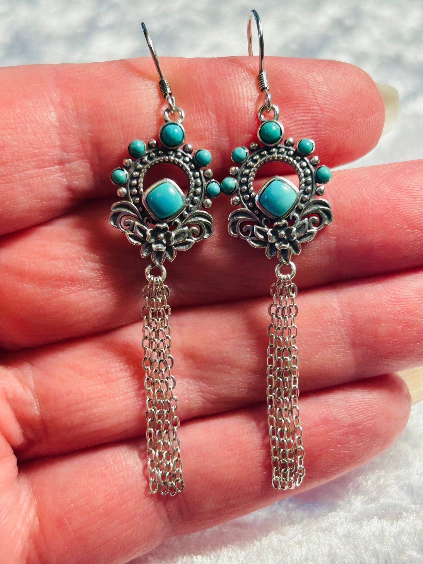 Ornate Dropper Earrings with Turquoise Gemstones • 925 Sterling Silver • Gift Box