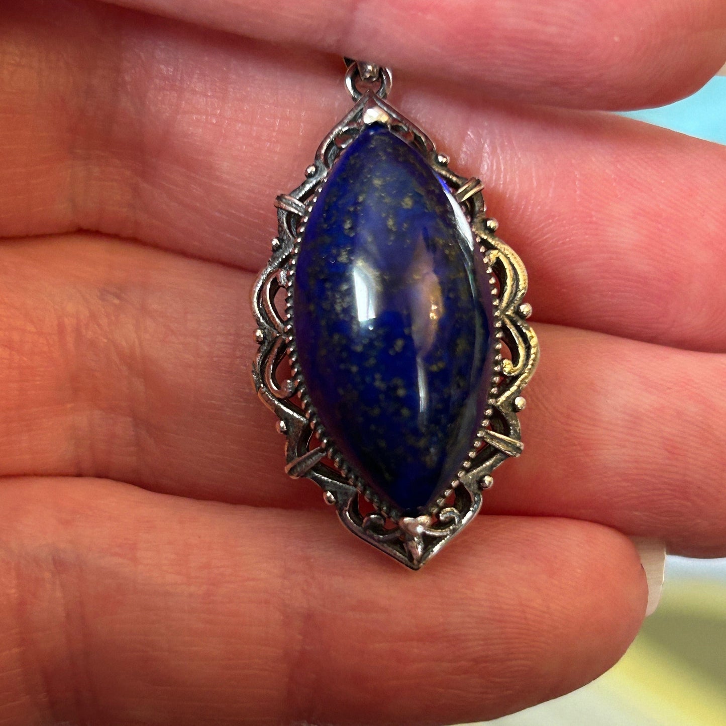 Lapis Lazuli Pendant • 925 Sterling Silver • Marquise Gemstone • Gift Box