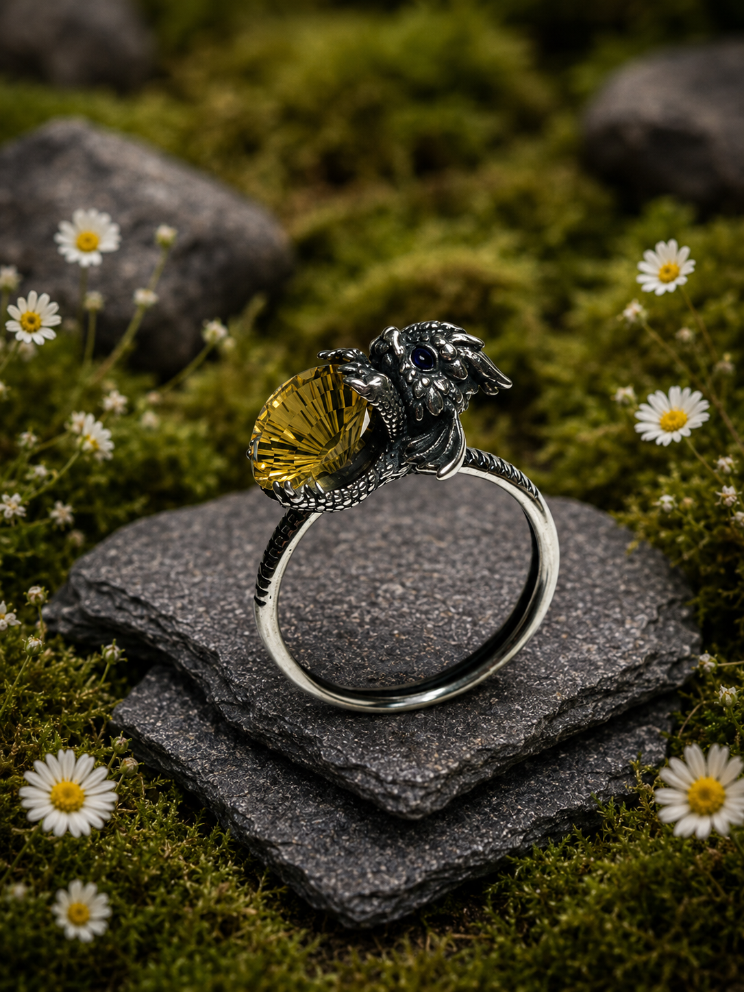 Baby Dragon Ring with Faceted Citrine Gemstone • 925 Sterling Silver • Adjustable • Gift Box