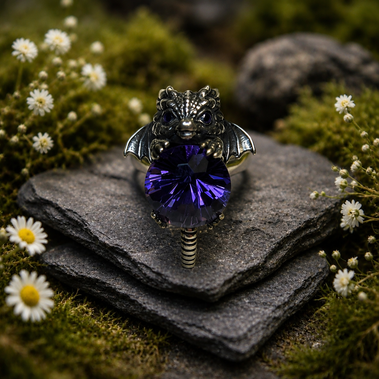 Baby Dragon Ring with Faceted Amethyst Gemstone • Adjustable • Gift Box