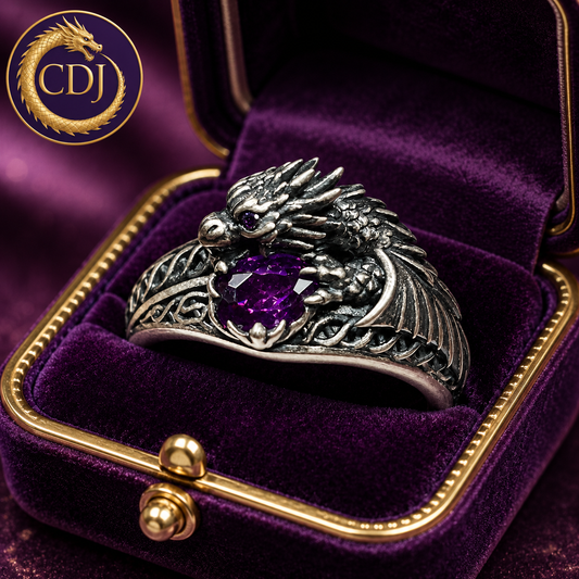 Celtic Dragon Ring with Dark Purple CZ • 925 Sterling Silver with Gift Box