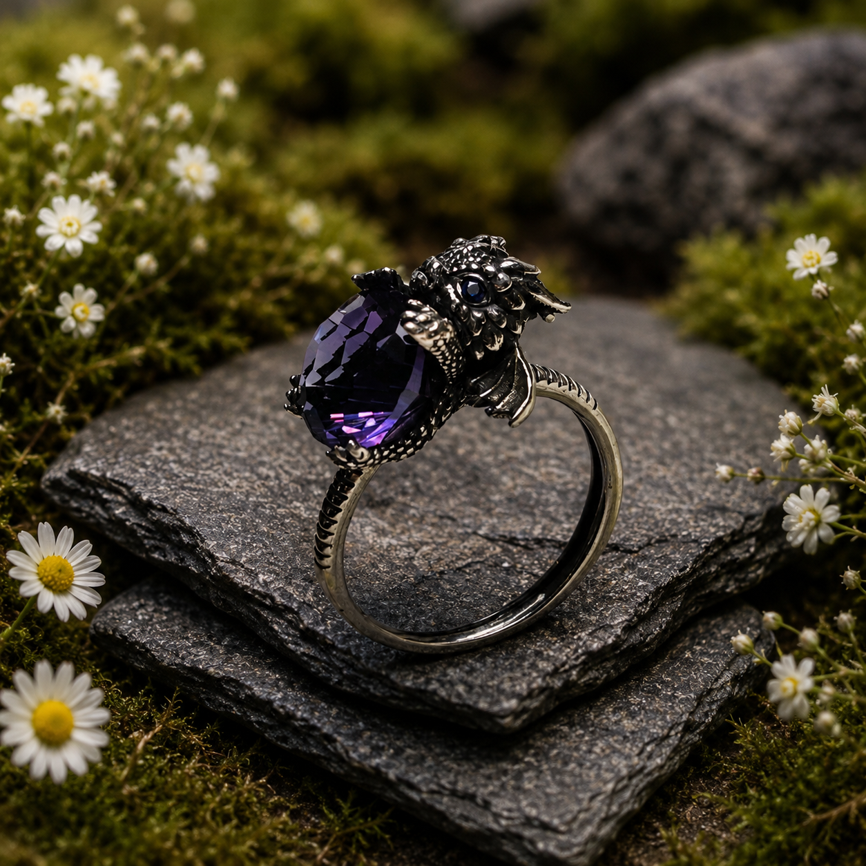Baby Dragon Ring with Faceted Amethyst Gemstone • Adjustable • Gift Box