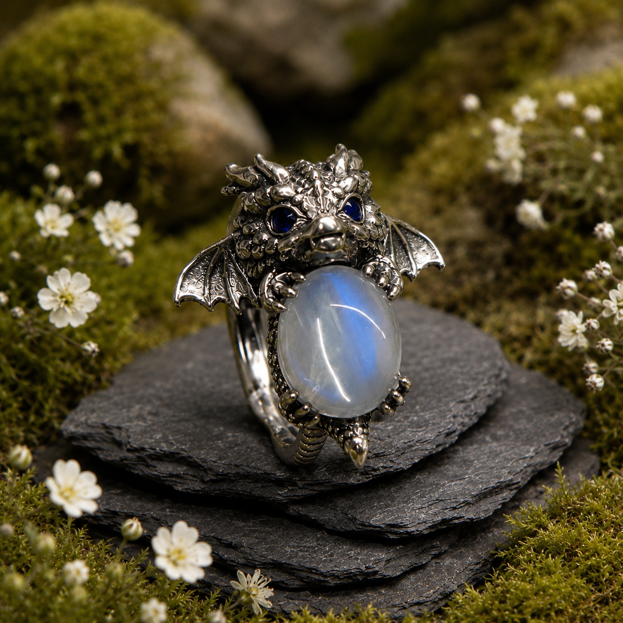 925 Silver Moonstone Ring • Baby Dragon Design • Adjustable • Giftbox