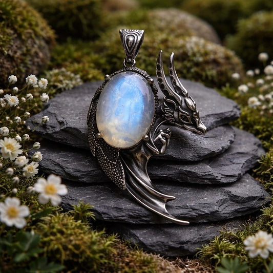 Dragon Pendant with Moonstone Gemstone • 925 Sterling Silver • Gift box