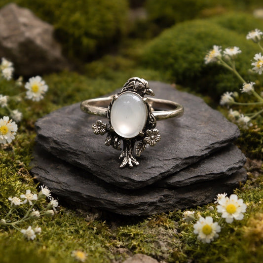 Bird Ring with Rainbow Moonstone Gemstone • 925 Sterling Silver • Adjustable • Gift Box