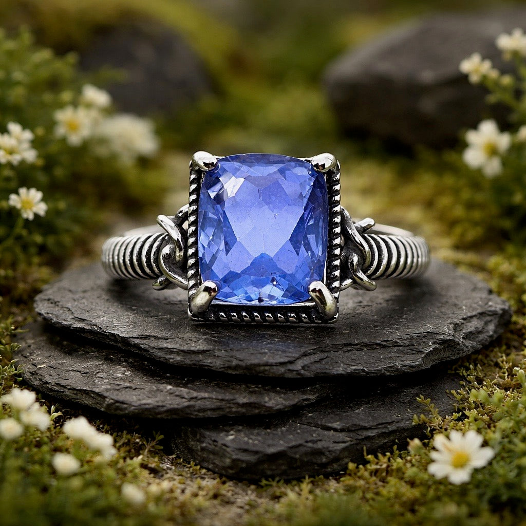 Blue Fluorite Ring • Rectangular Gemstone  • 925 Sterling Silver • Adjustable • Gift Box