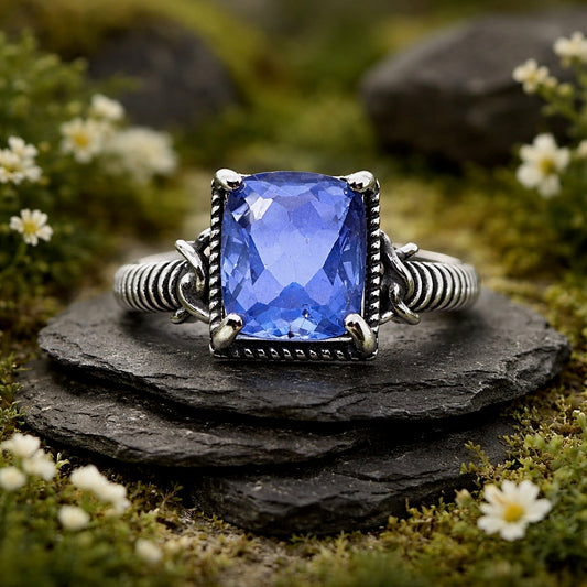 Blue Fluorite Ring • Rectangular Gemstone  • 925 Sterling Silver • Adjustable • Gift Box