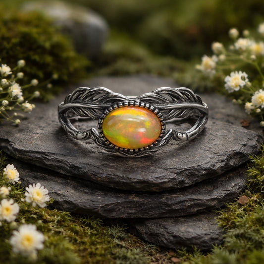 Vine Leaf Ring with Rainbow Opal Gemstone • 925 Sterling Silver • Adjustable • Gift Box