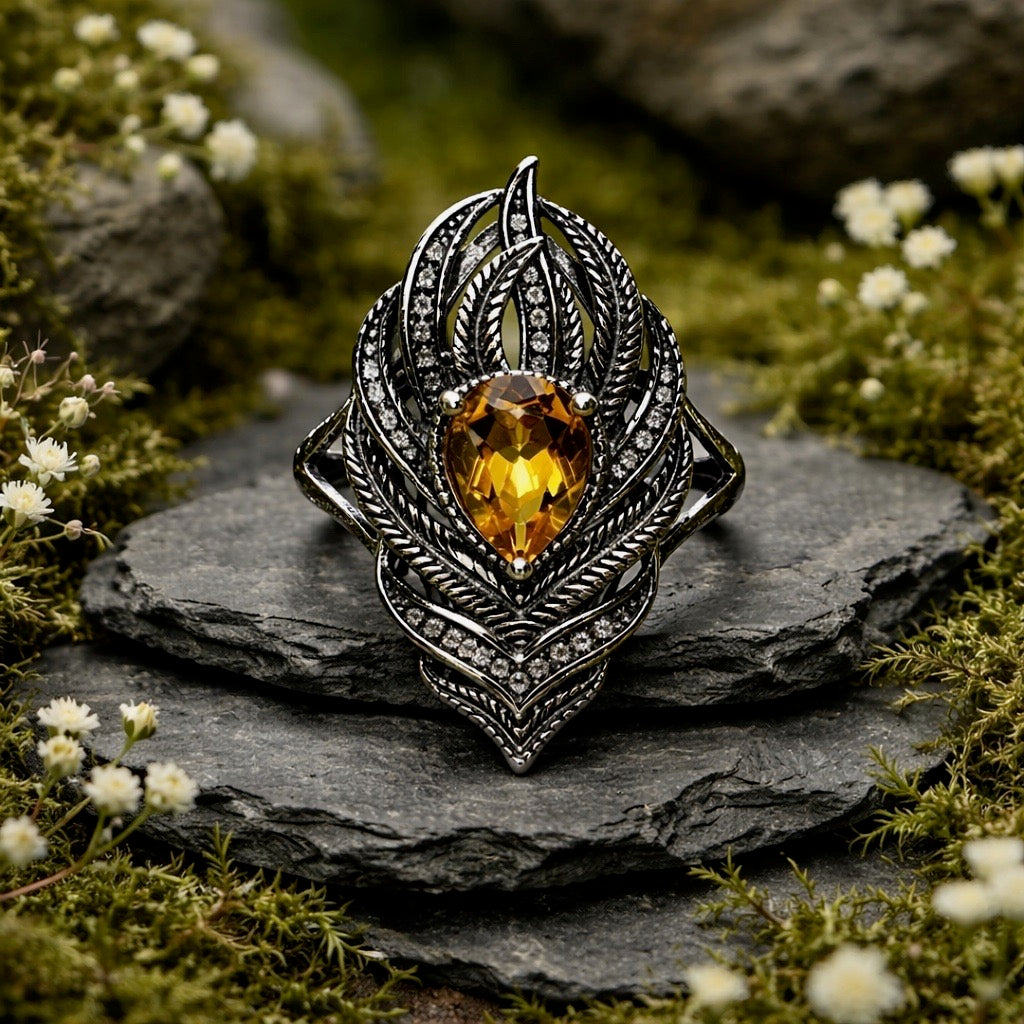 925 Silver Feather Ring • Peacock Feather with Citrine Gemstone • CZ Accents • Adjustable • Giftbox