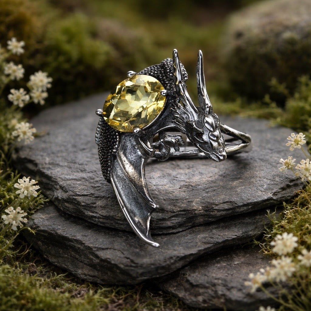 Large Dragon Ring with Citrine Gemstones • 925 Sterling Silver • Adjustable • Gift Box