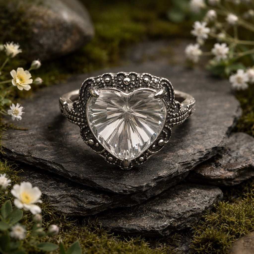 925 Silver Clear Quartz Heart Ring • Faceted Gemstone • Adjustable • Giftbox