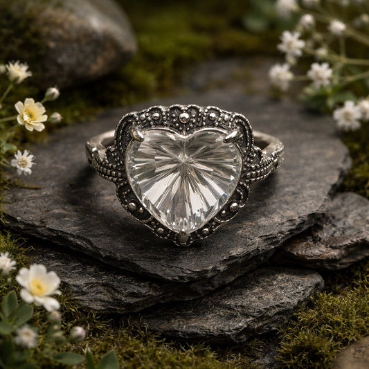 925 Silver Clear Quartz Heart Ring • Faceted Gemstone • Adjustable • Giftbox