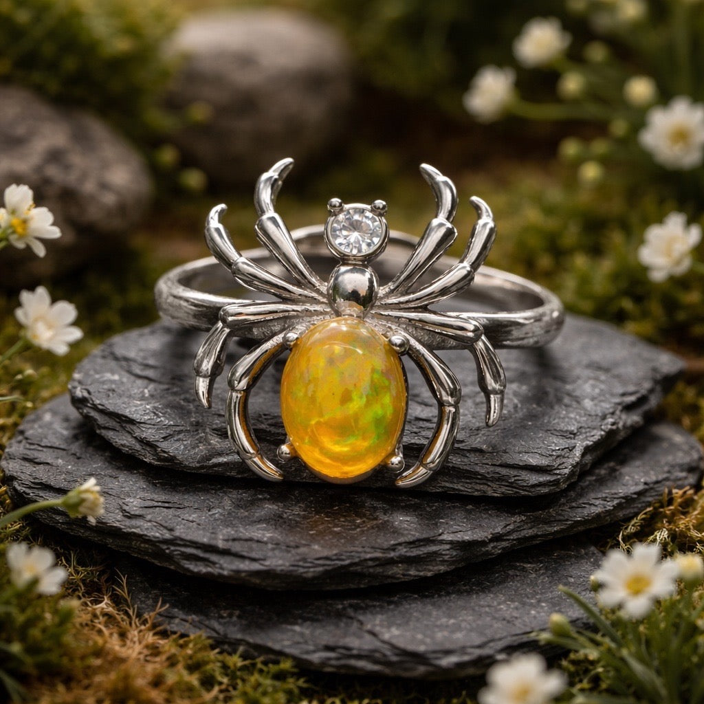 925 Silver Spider Ring with Opal - Adjustable Statement Gemstone Jewellery with CZ - Gift Boxed