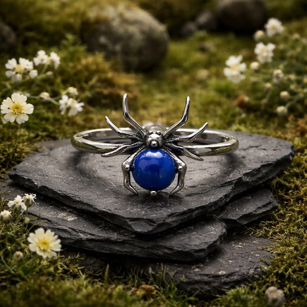 Spider Ring with Lapis Lazuli Gemstone • 925 Sterling Silver • Adjustable • Gift Box