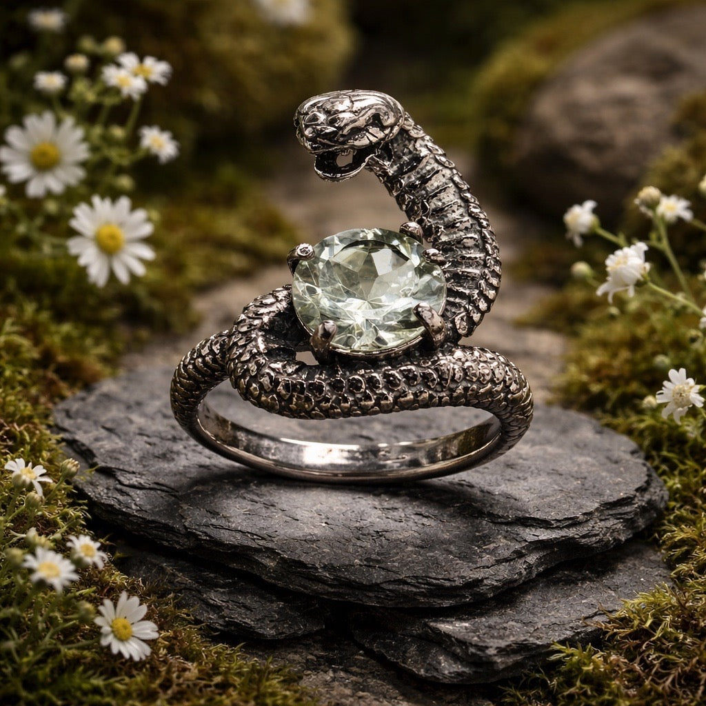 925 Silver Snake Ring with Green Quartz - Adjustable Serpent Jewellery - Gift Boxed
