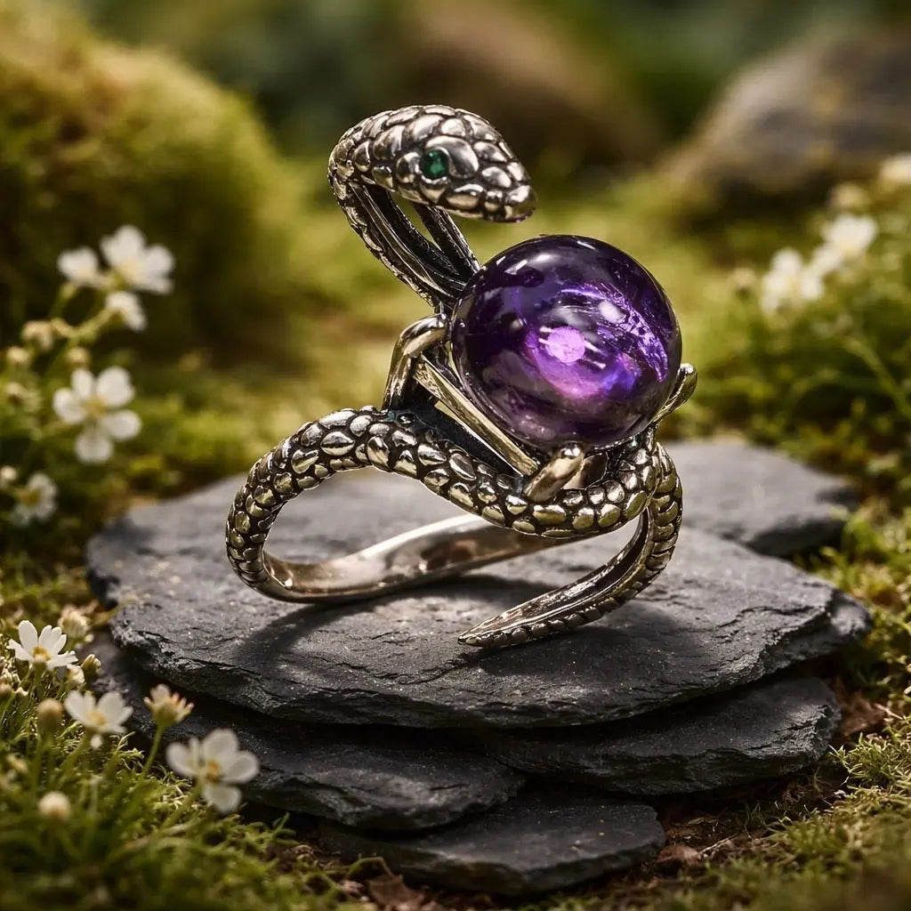 925 Silver Snake Ring with Amethyst - Adjustable Serpent Jewellery with CZ Eyes - Gift Boxed Celtic Dragon Jewellery