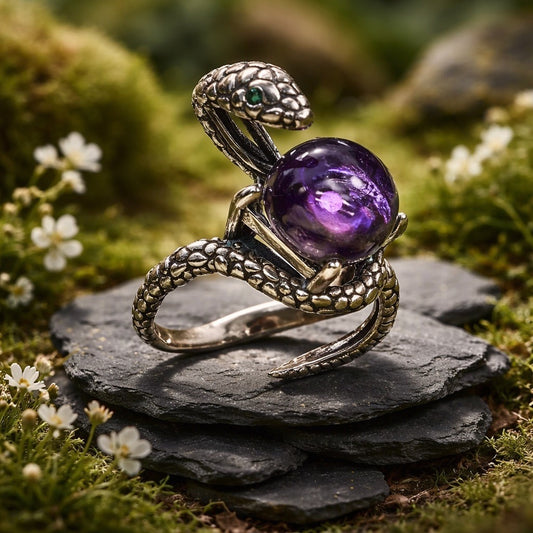 925 Silver Snake Ring with Amethyst - Adjustable Serpent Jewellery with CZ Eyes - Gift Boxed