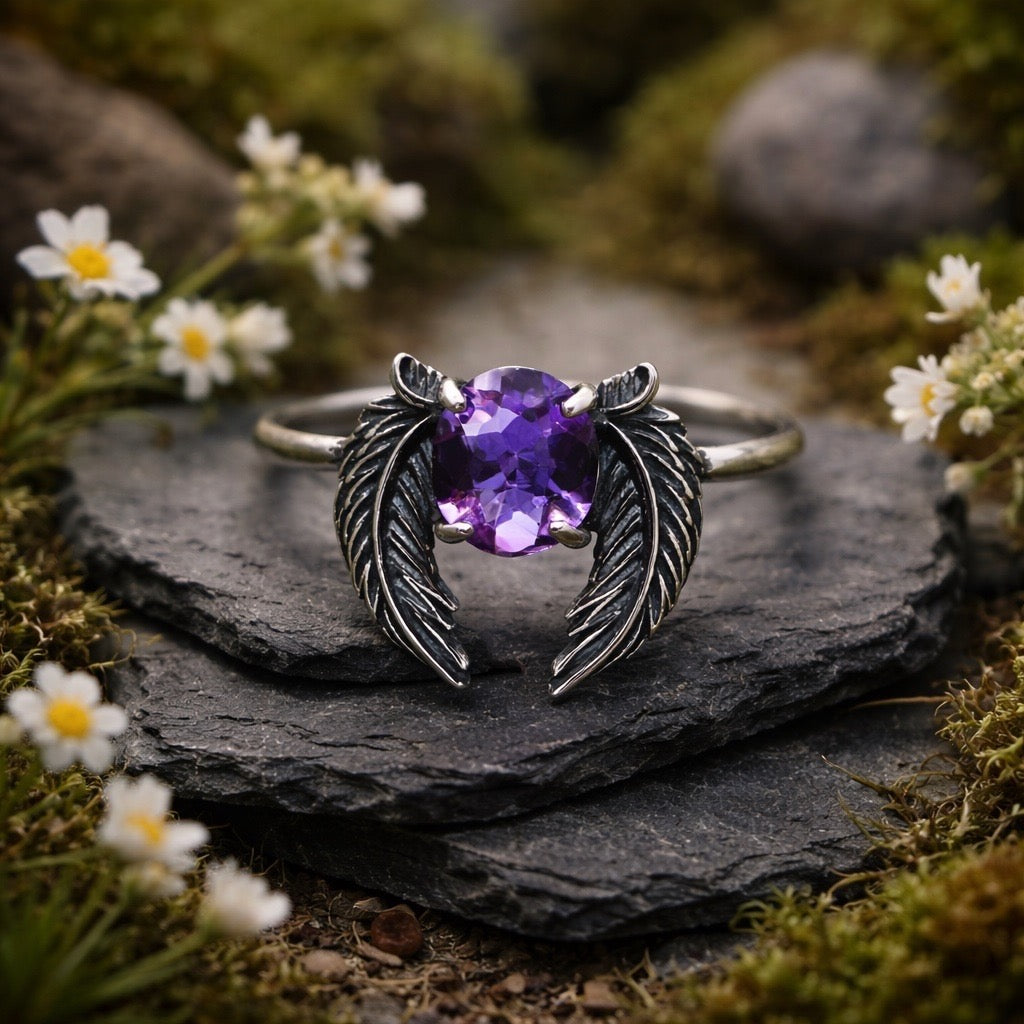 Angel Wings Ring with Amethyst Gemstone • 925 Sterling Silver • Adjustable • Gift Box