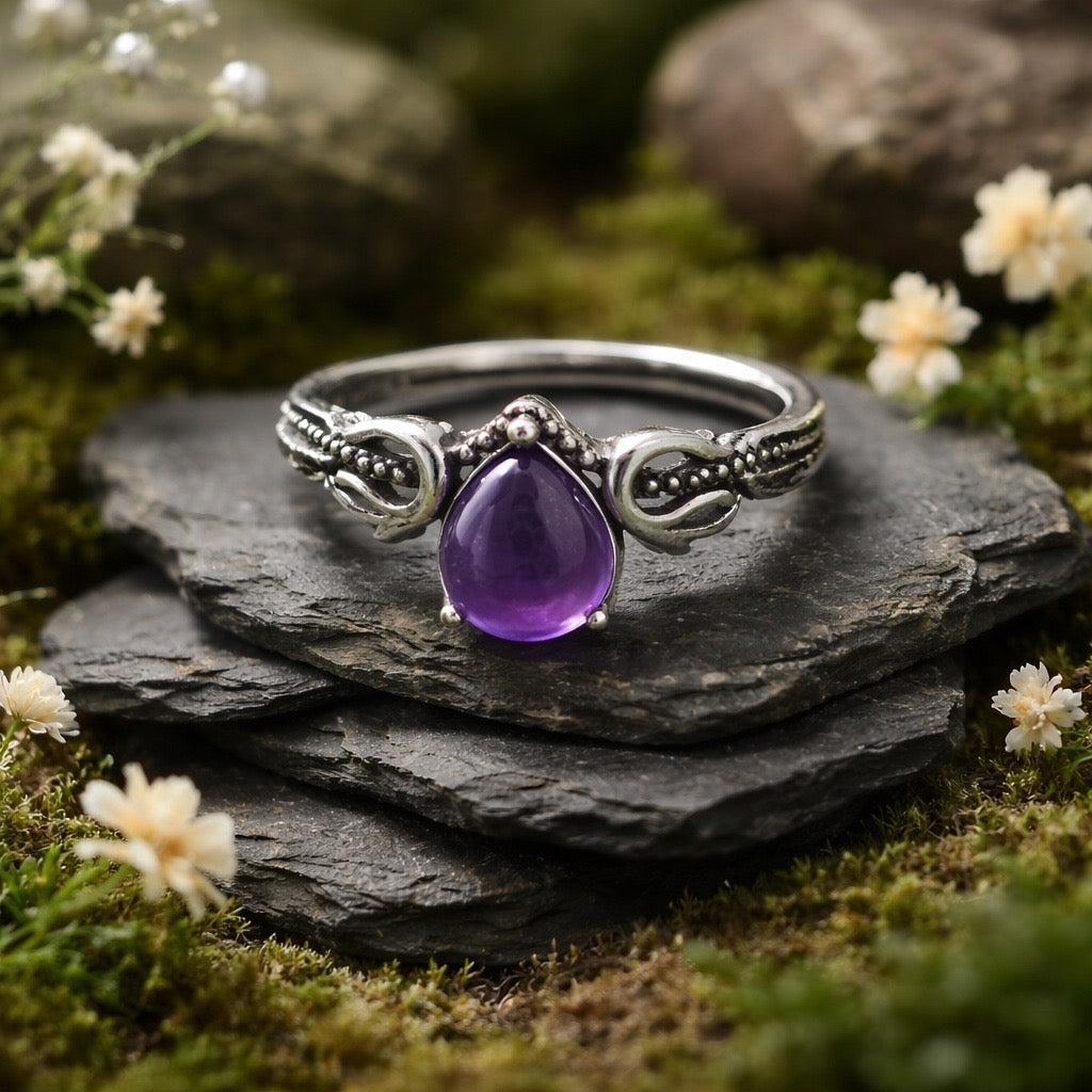Dainty Crystal Ring with Teardrop Amethyst Gemstone • 925 Sterling Silver • Adjustable • Gift Box