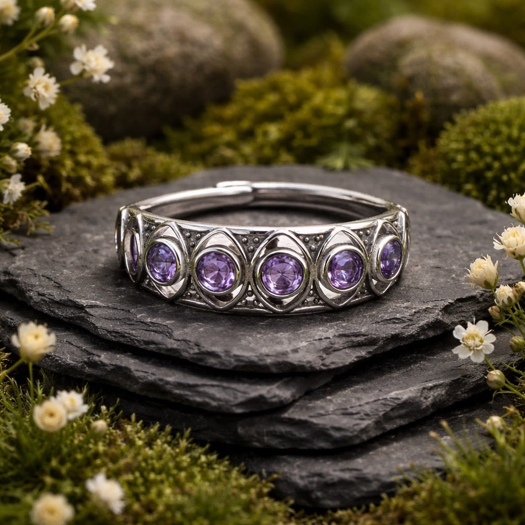 Amethyst Ring with Cut Out Design • 925 Sterling Silver • Adjustable • Gift box
