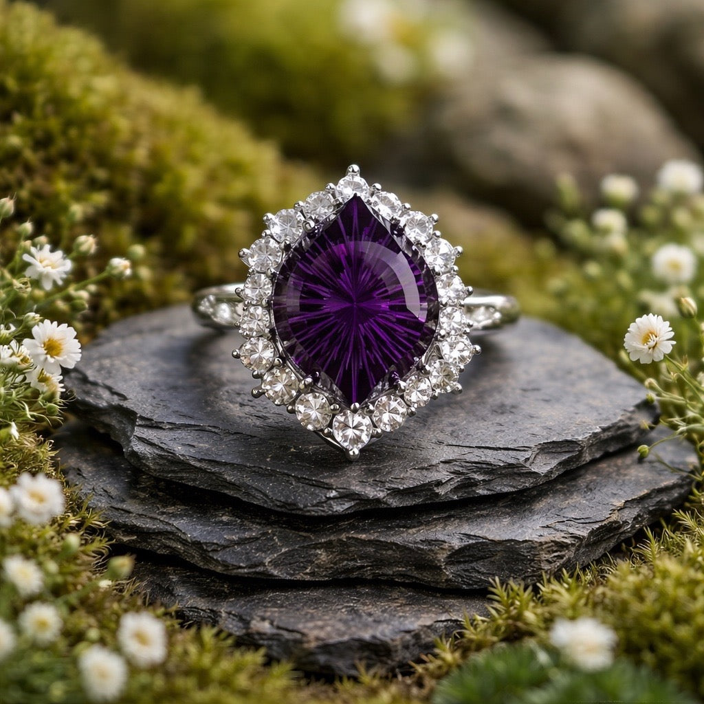 Large Marquise Stone Ring with Faceted Amethyst Gemstone & CZ Halo • 925 Sterling Silver • Adjustable • Gift Box