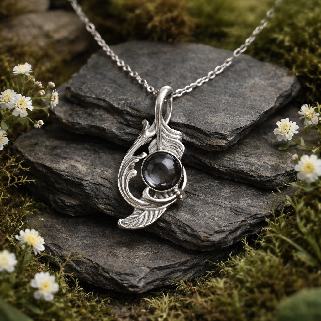 Feather Pendant with Hypersthene Gemstone • 925 Sterling Silver • Gift Box
