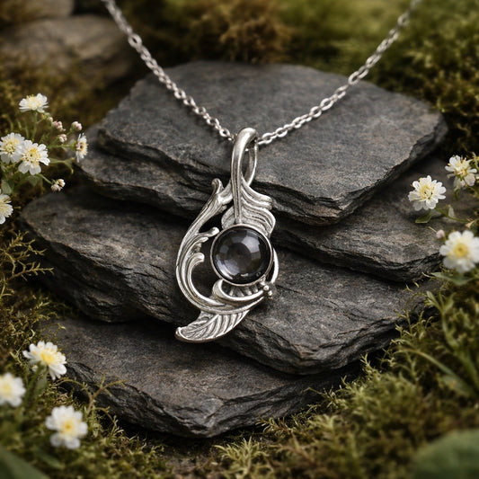 Feather Pendant with Hypersthene Gemstone • 925 Sterling Silver • Gift Box