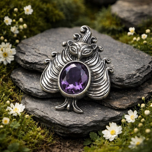 Nine Tailed Fox Pendant with Faceted Amethyst Gemstone • 925 Sterling Silver Kitsune • Gift Box