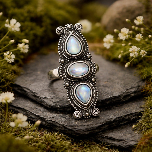 Bohemian Ring with Three Moonstone Gemstones • 925 Sterling Silver • Adjustable • Gift Box