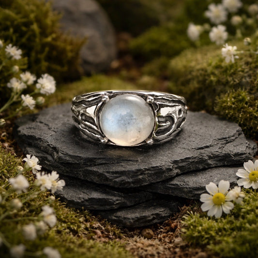 Chunky Rainbow Moonstone Ring • 925 Sterling Silver • Adjustable • Gift Box