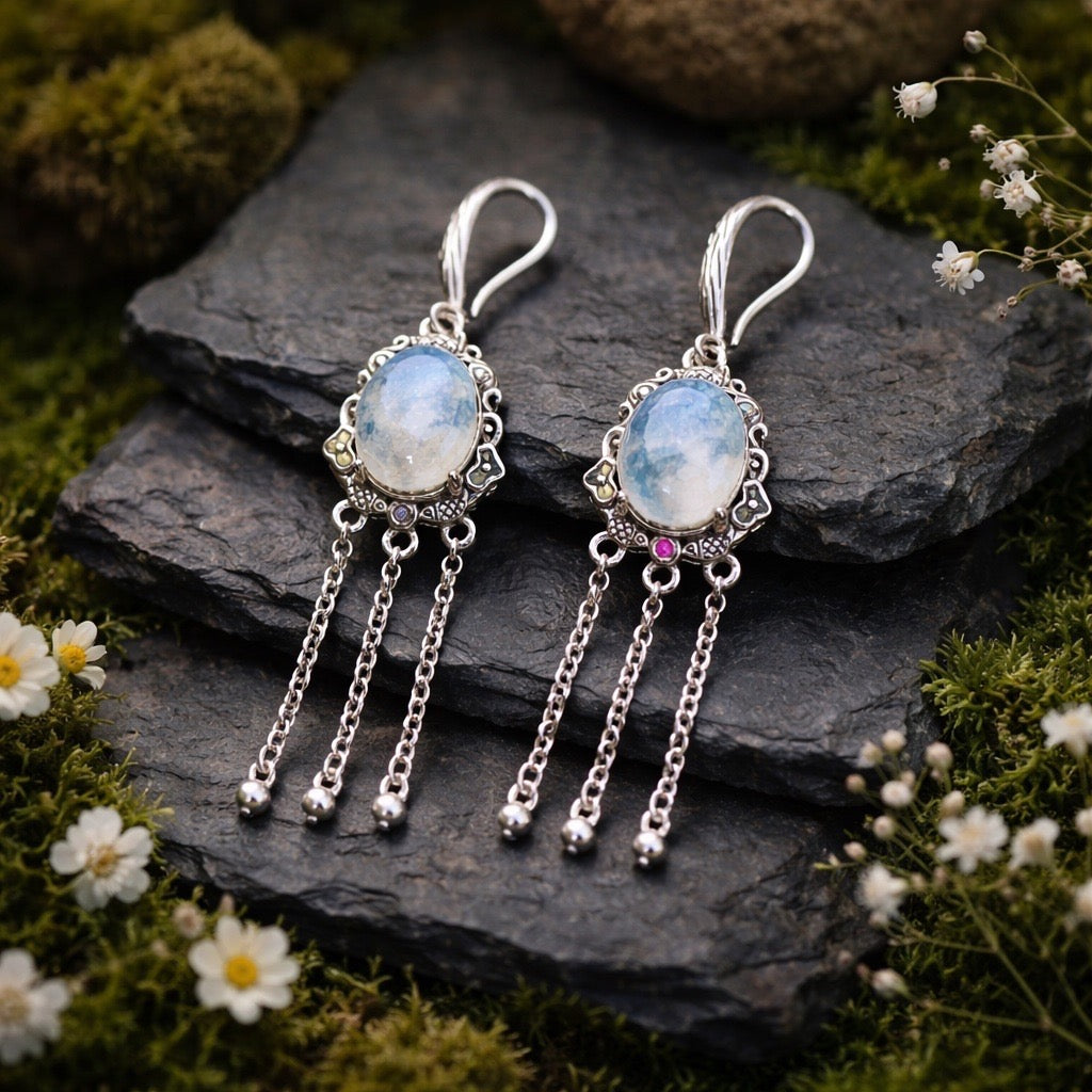 Rainbow Moonstone Earrings with Beaded Chain Droppers • 925 Sterling Silver • Gift Box