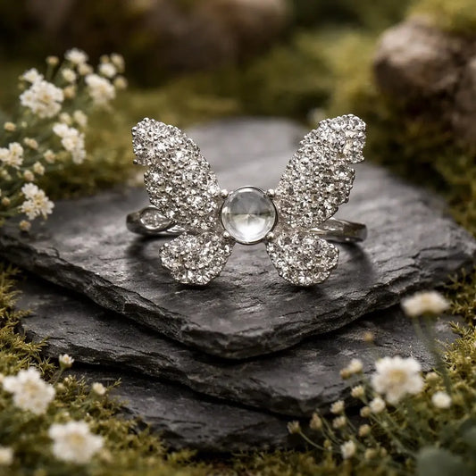 Butterfly Ring with Moonstone & CZ Gemstones • 925 Sterling Silver • Adjustable • Gift Box Celtic Dragon Jewellery