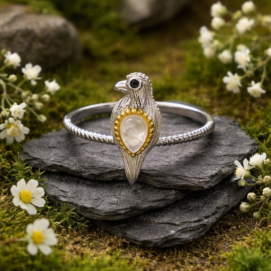 Dainty Bird Ring With Moonstone Gemstone • 925 Sterling Silver • Adjustable with Gift Box