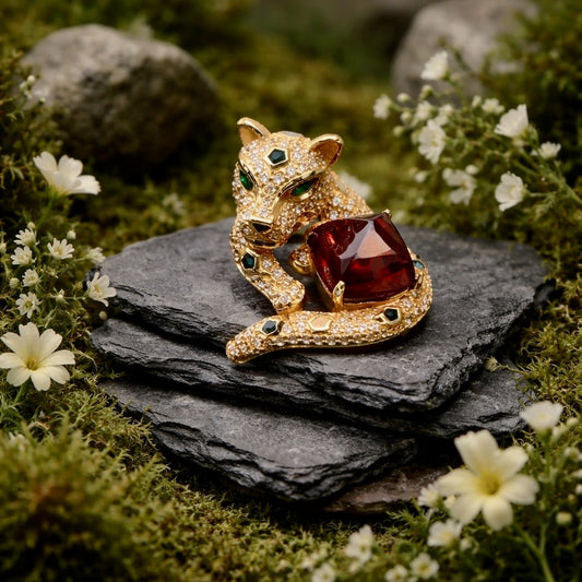 Gold Plated Silver Leopard Ring with Orange Garnet Gemstone • 925 Sterling Silver • Adjustable • Gift Box
