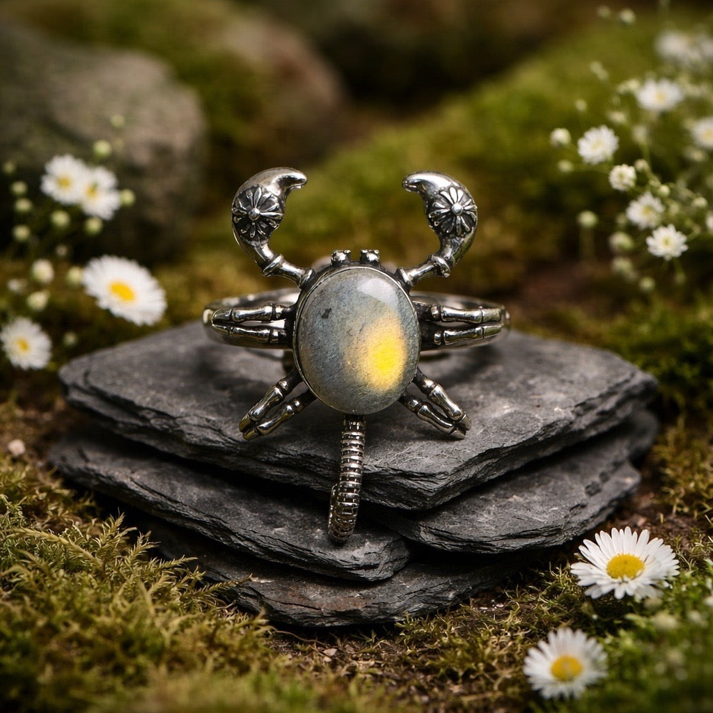 Scorpion Ring with Labradorite Gemstone • 925 Sterling Silver • Adjustable • Gift box