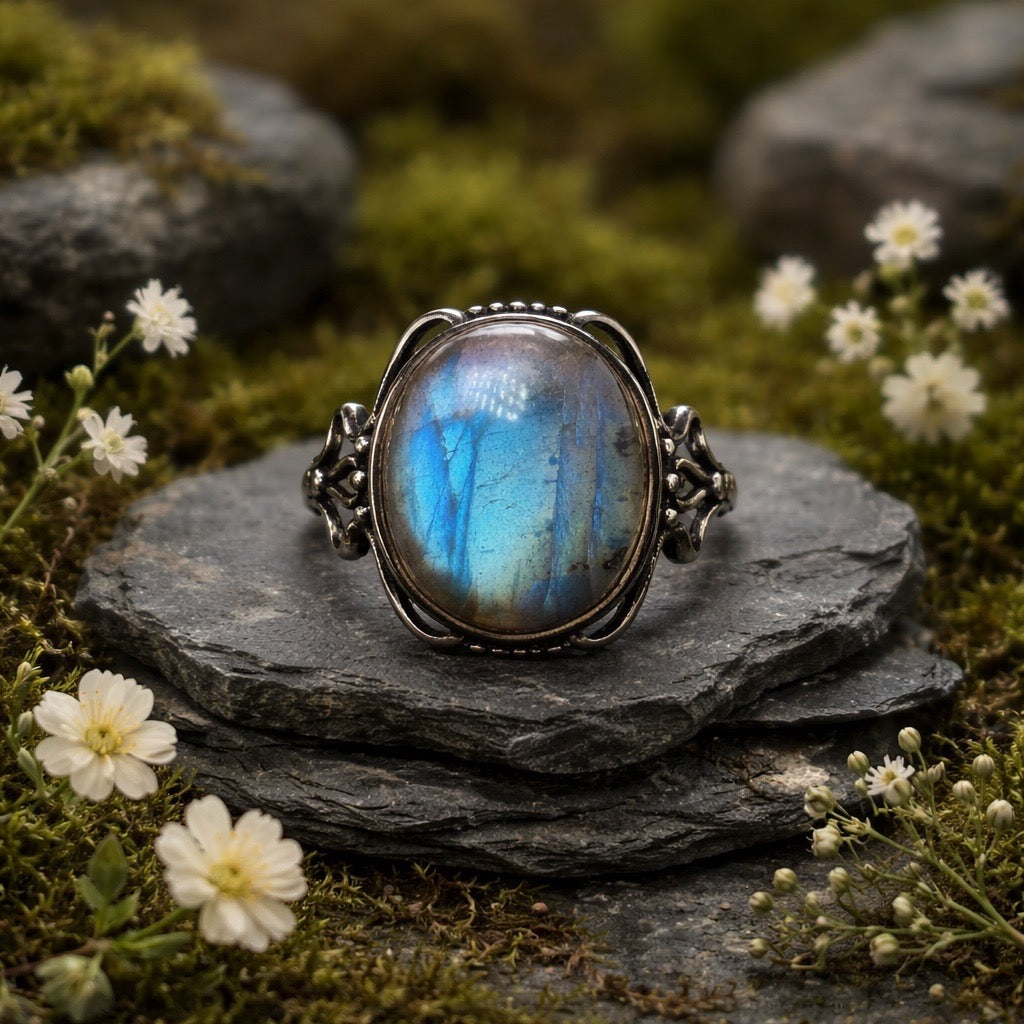 High Flash Labradorite Ring • 925 Sterling Silver • Adjustable • Gift Box