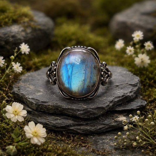 High Flash Labradorite Ring • 925 Sterling Silver • Adjustable • Gift Box