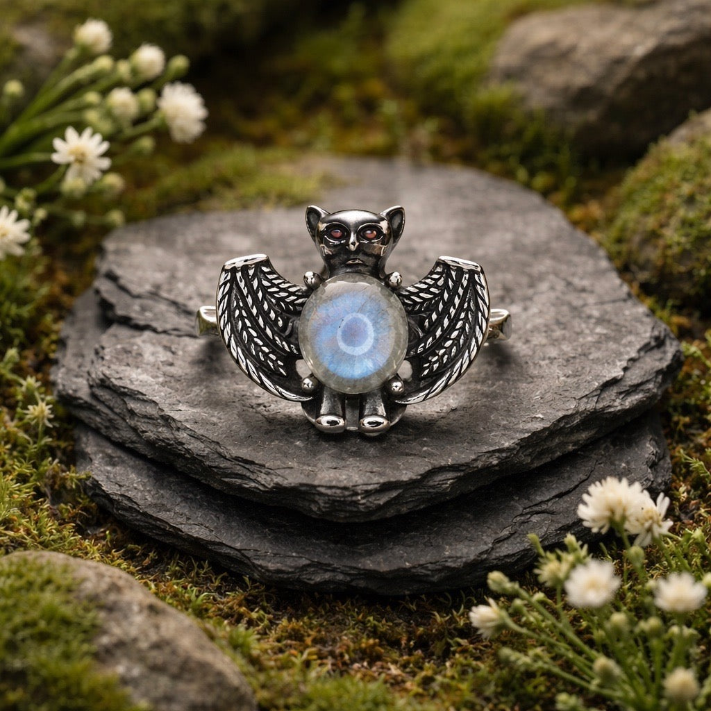 Gothic Bat Ring with Labradorite Gemstone.• 925 Sterling Silver • Adjustable • Gift Box