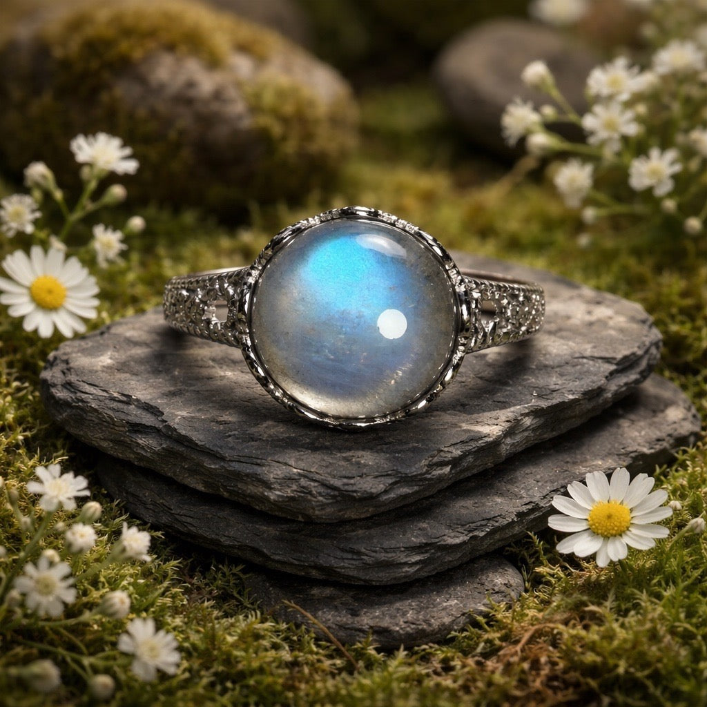 Chunky Labradorite Gemstone Ring with Blue Flash • 925 Sterling Silver • Adjustable • Gift Box
