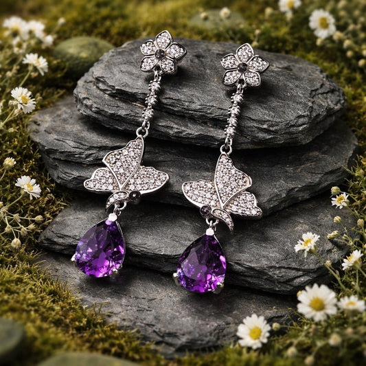 Butterfly Dangle Earrings with Faceted Amethyst Gemstone & CZ Accents • 925 Sterling Silver • Gift Box