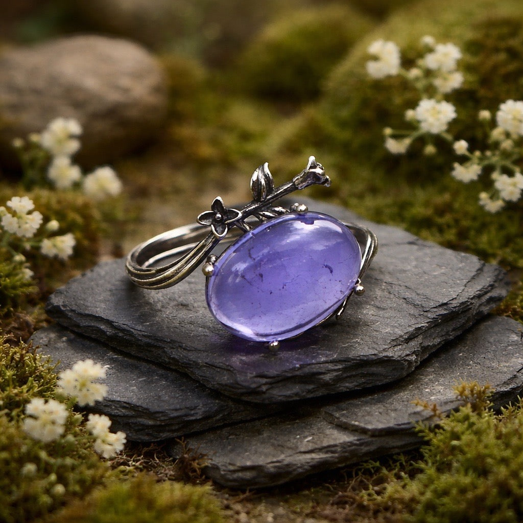 Blue Fluorite Ring with Nature Inspired Floral Design • 925 Sterling Silver • Adjustable • Gift Box