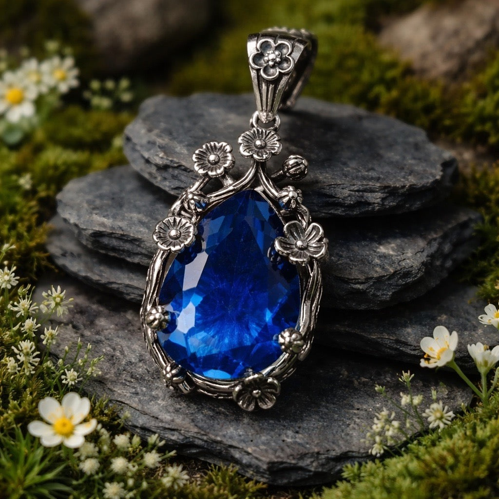 Chunky Floral Pendant with Blue Fluorite Gemstone • 925 Sterling Silver • Gift Box