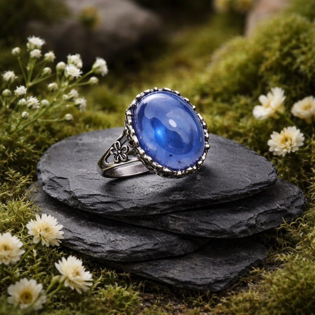 Blue Fluorite Ring • Oval Gemstone • 925 Sterling Silver • Adjustable • Gift Box