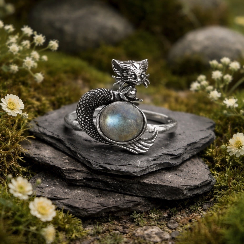 Mythical Naga Ring with Labradorite Gemstone • 925 Sterling Silver • Adjustable • Gift Box