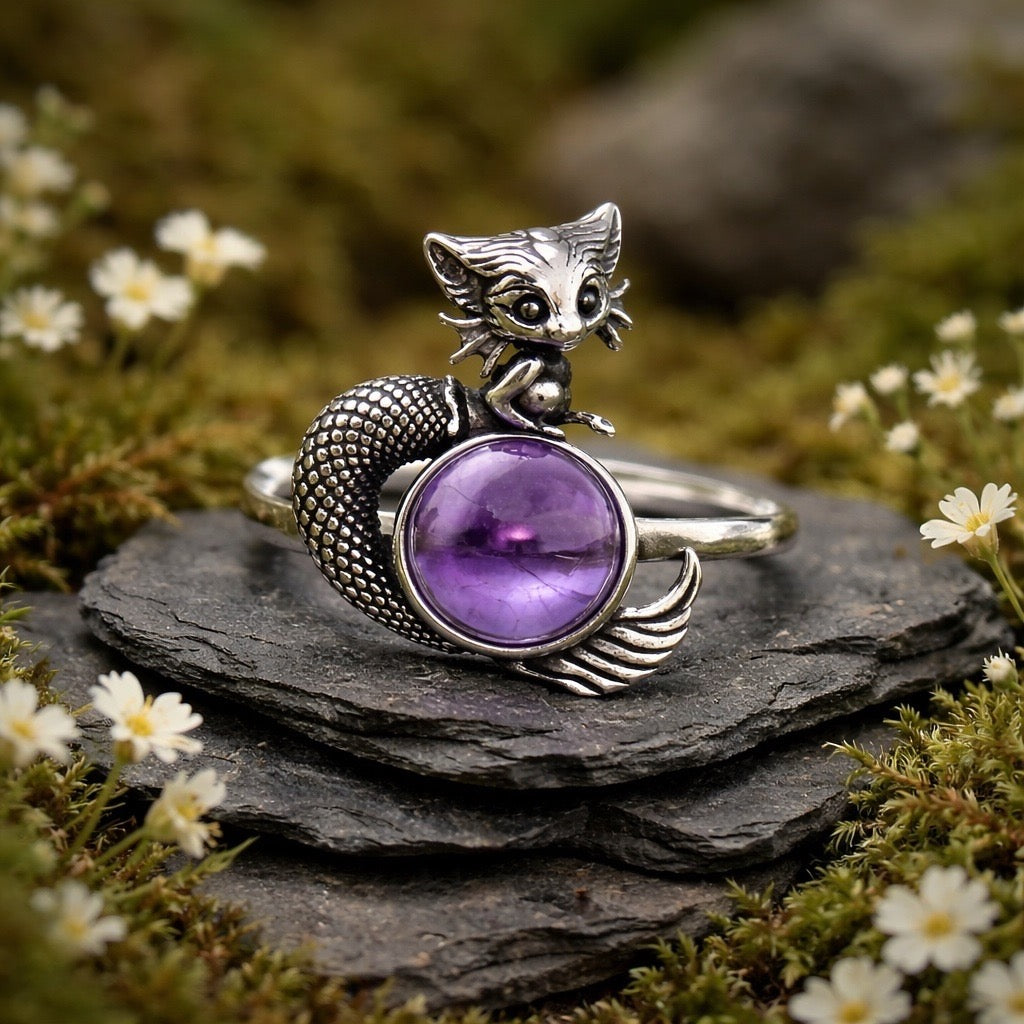 Mythical Naga Ring with Amethyst Gemstone • 925 Sterling Silver • Adjustable • Gift Box