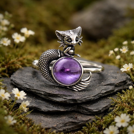 Mythical Naga Ring with Amethyst Gemstone • 925 Sterling Silver • Adjustable • Gift Box