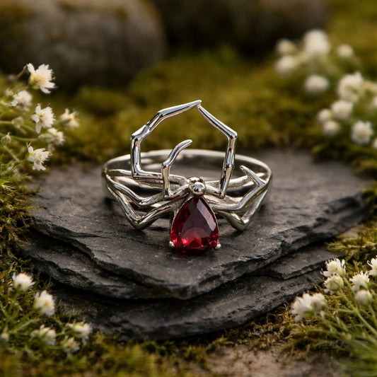 Spider Ring With Garnet Gemstone - 925 Silver Ring - Adjustable - Supplied In Gift Box